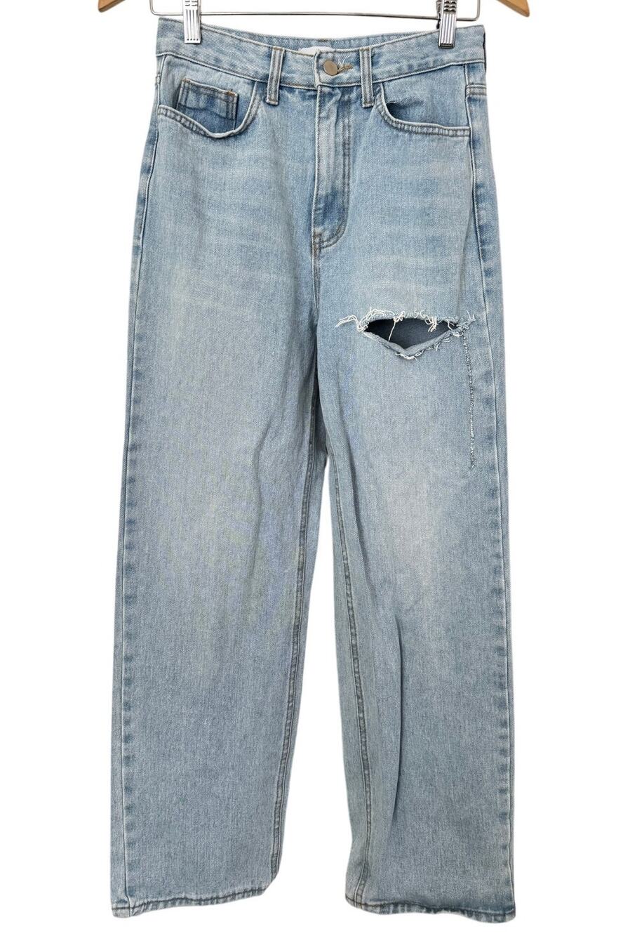 OAK + FORT Blue Distressed High Rise Wide Leg Denim Jeans Size 26" Edgy Baggy